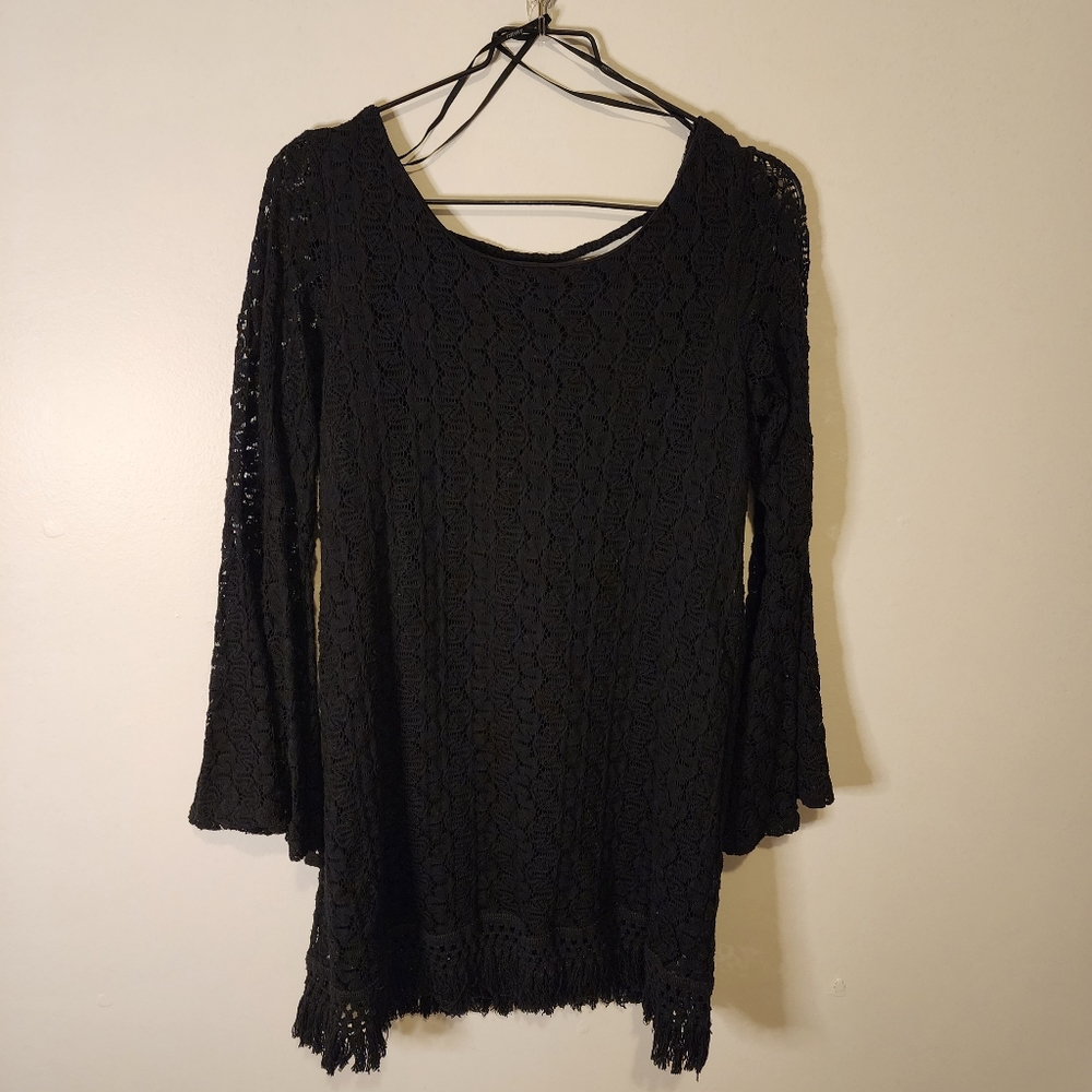 Forever 21 Boho lined Crochet MIni Dress Bell Sleeve Fringed Hem Large